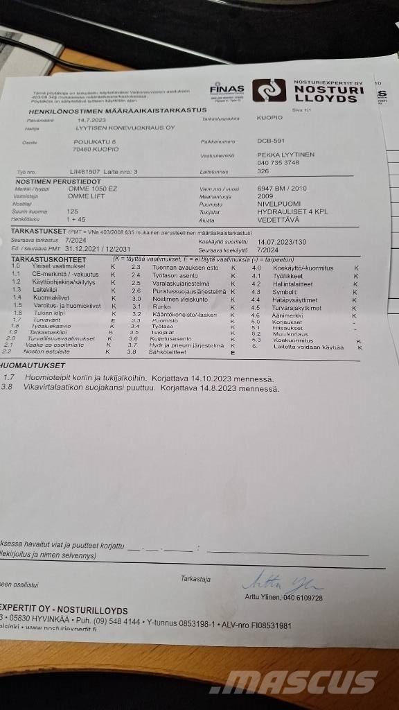 Ommelift 1050EZ Pótkocsira szerelt emelők és állványok