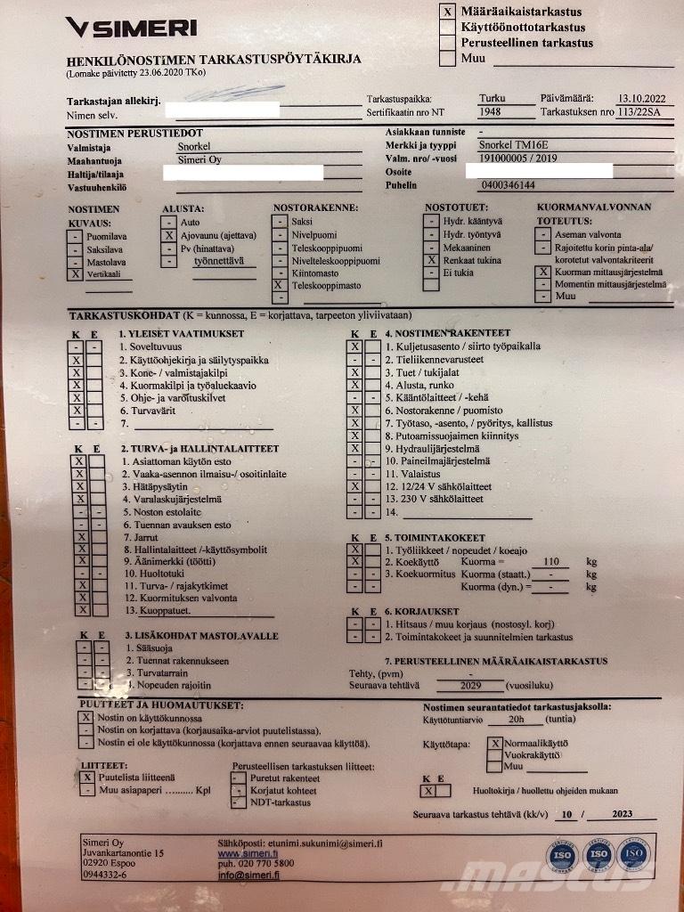 Snorkel tm 16E Ollós emelők