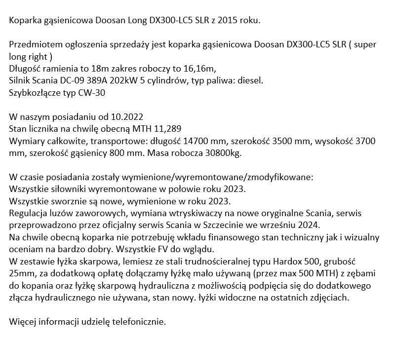 Doosan DX 300 LC-5 Hosszú gém kotrók