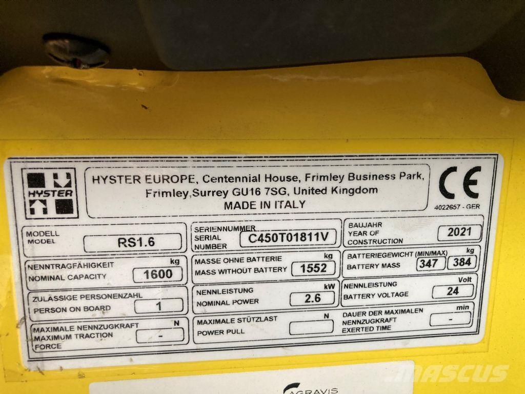 Hyster RS 1.6 IL Elektromos gyalogkíséretű targoncák