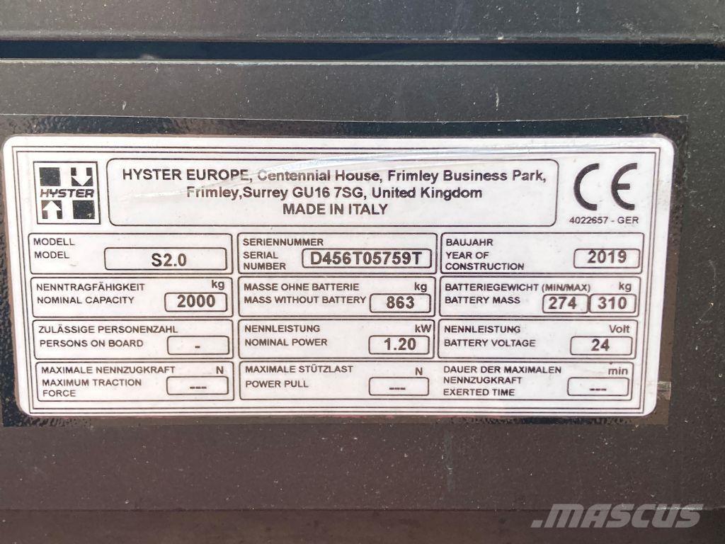 Hyster S 2.0 Gyalogkíséretű targonca