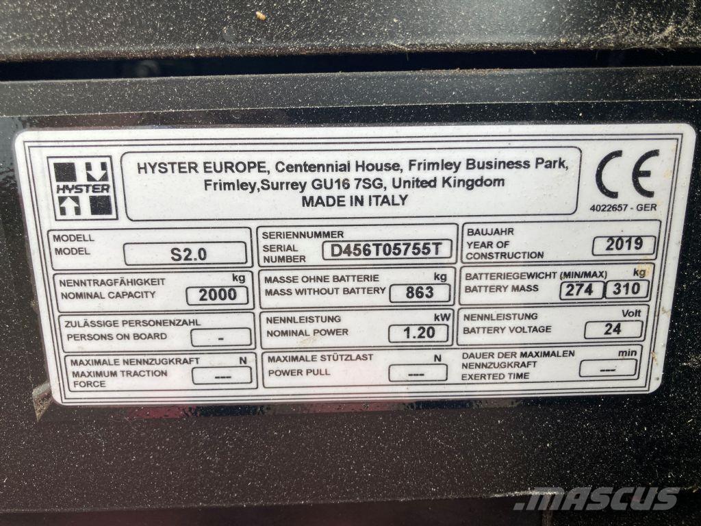 Hyster S 2.0 Gyalogkíséretű targonca