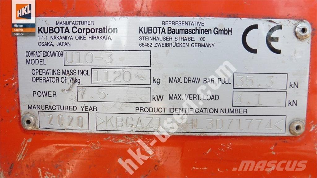 Kubota U 10-3 Mini kotrók < 7t
