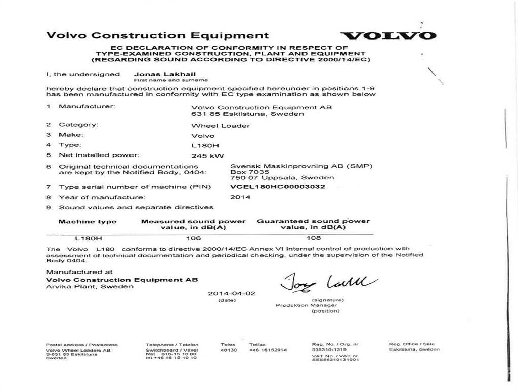 Volvo L180H Gumikerekes homlokrakodók