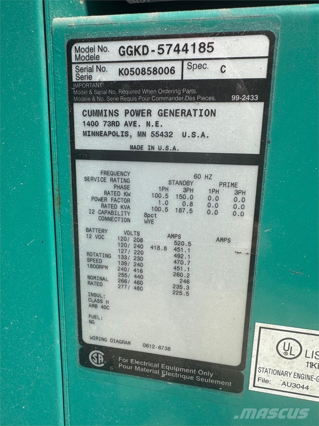 Cummins 150kW Gáz Áramfejlesztők