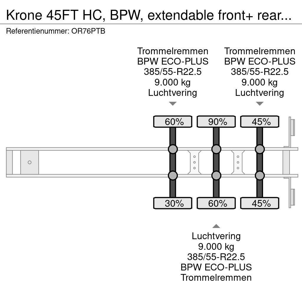 Krone 45FT HC, BPW, extendable front+ rear+ bumper, NL-c Konténerkeret / Konténeremelő félpótkocsik