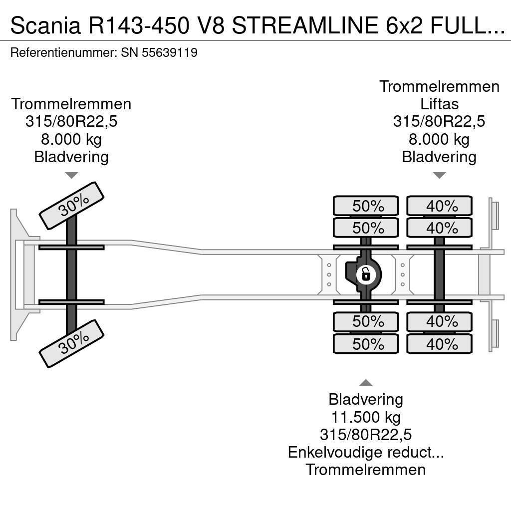 Scania R143-450 V8 STREAMLINE 6x2 FULL STEEL KIPPER (MANU Billenő teherautók