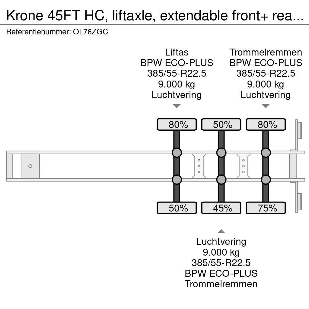 Krone 45FT HC, liftaxle, extendable front+ rear+ bumper, Konténerkeret / Konténeremelő félpótkocsik